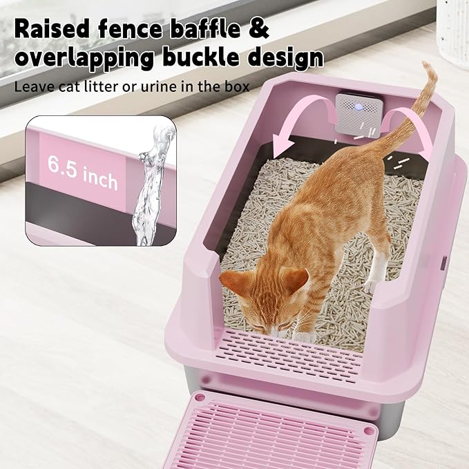 RIZZARI Stainless Steel Cat Litter Box, Semi-Closed Litter Box with High Edges, Large Odorless Litter Pan with for Small to Large Cats (Pink with Deodorizer, 2 Pack)