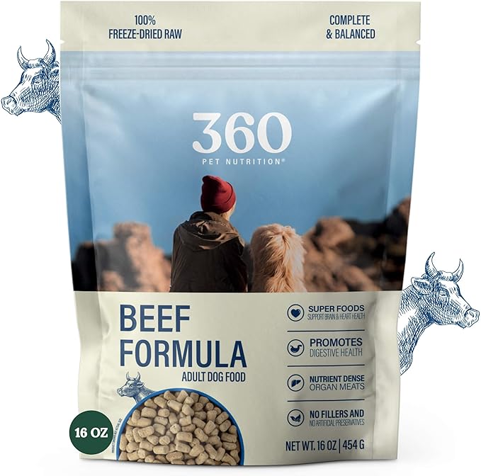 360 Pet Nutrition Raw Freeze-Dried Dog Food, High Protein, Balanced Meal, Chicken, Liver, Heart, Fruit, Veggies, Superfoods, No Fillers (1 Pound (Pack of 1), Beef)