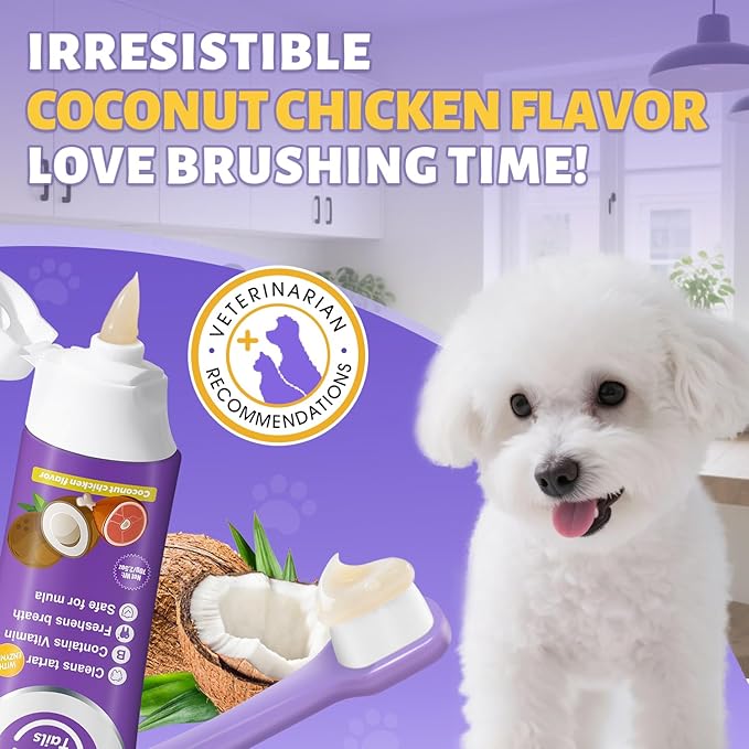 Vet Recommended Small Dog Teeth Brushing Kit - Soft Brush and Finger Brush removes 99% of Plaque, Natural Coconut Chicken-Flavored Toothpaste 2.5 oz. for Fresh Breath