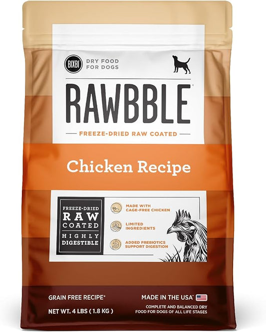 BIXBI Rawbble Dry Dog Food, Chicken, 4 lbs - USA Made with Fresh Meat - No Meat Meal & No Corn, Soy or Wheat - Freeze Dried Raw Coated Dog Food - Minimally Processed for Superior Digestibility