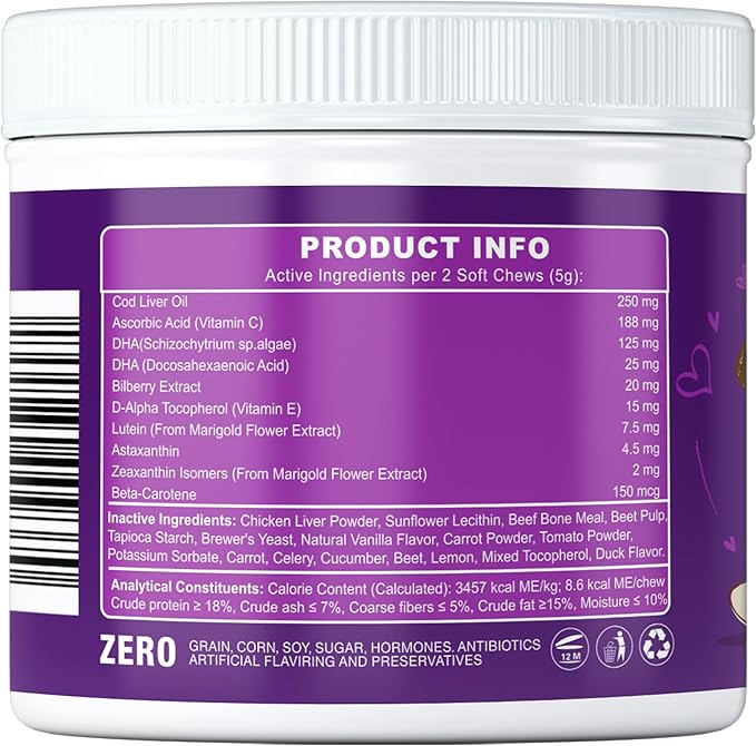 Vision Support Soft Chews for Dogs – Lutein, Zeaxanthin, DHA & Antioxidants for Eye Health, 120 Count