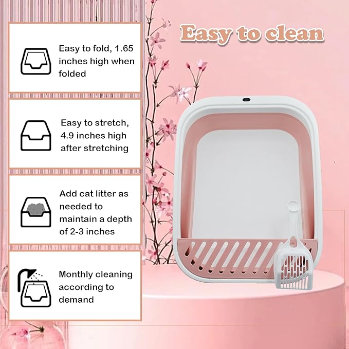 Foldable Cat Litter Box Open Potty Pan Portable Collapsible Cats Litter Boxs Travel Kitten Pan with Scoop Waterproof Low Entrance for Kitten and Easy Clean 17.7"×13.4"x4.9"(Pink)