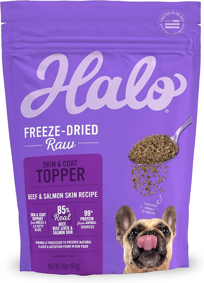 Halo Freeze Dried Raw Dog Food Topper, Beef And Salmon Recipe, For Skin & Coat Support, Real Meat Topper, Omega 3 Fatty Acids, 1lb Bag