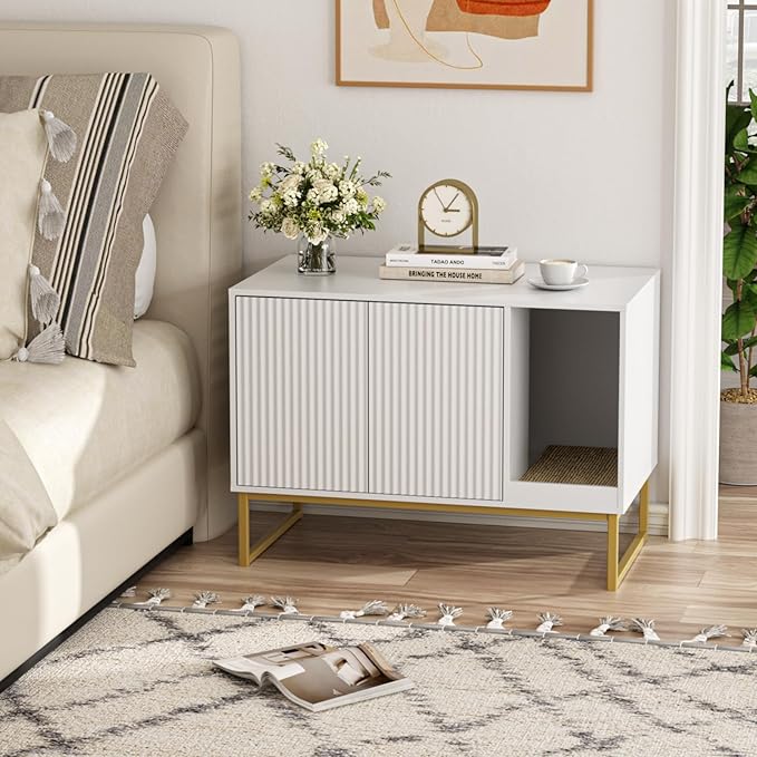 Cat Litter Box Enclosure, Fluted Hidden Litter Box Furniture with Scratch Pad and Metal Legs, Modern Enclosed Cat Cabinet, 31.5 x 17.7 x 21.7 Inches Indoor Pet House for Living Room, Washroom, White