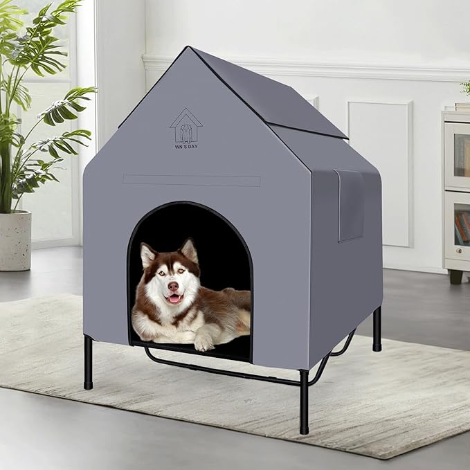 48'' Outdoor Dog Houses for Large Dogs Outside, Weatherproof Large Dogs House with Textilene Elevated Dog Bed, Breathable Dog Tent, Dog House Outdoor X-Large Breed with Windows and Sunshades