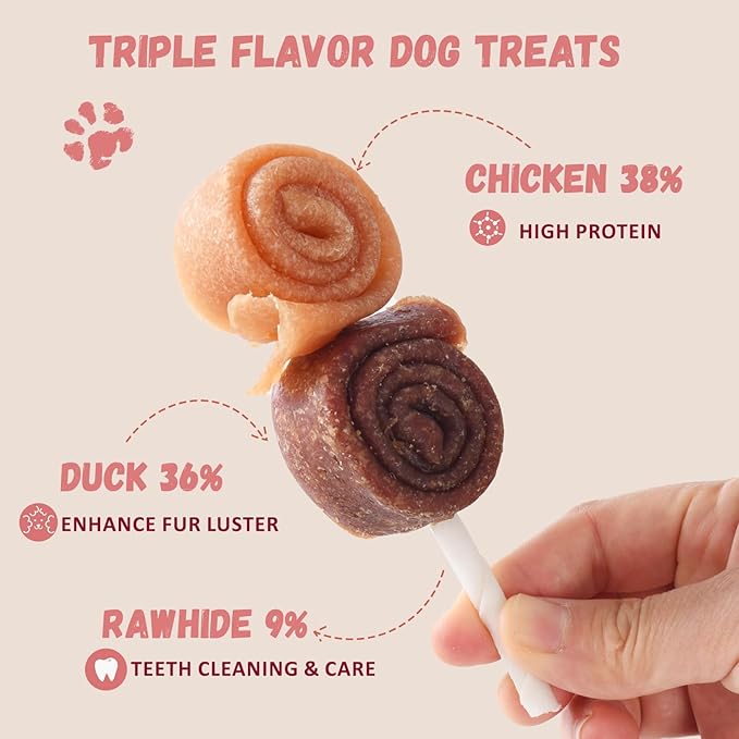 Triple Flavor Dog Treats Chicken Duck Rawhide Lollipops, Long Lasting Rawhide Sticks Dog Chews in Fun Shape, High Protein Healthy Chewy Training Snacks for Medium Large Dogs, 4 Counts, 10.6 oz