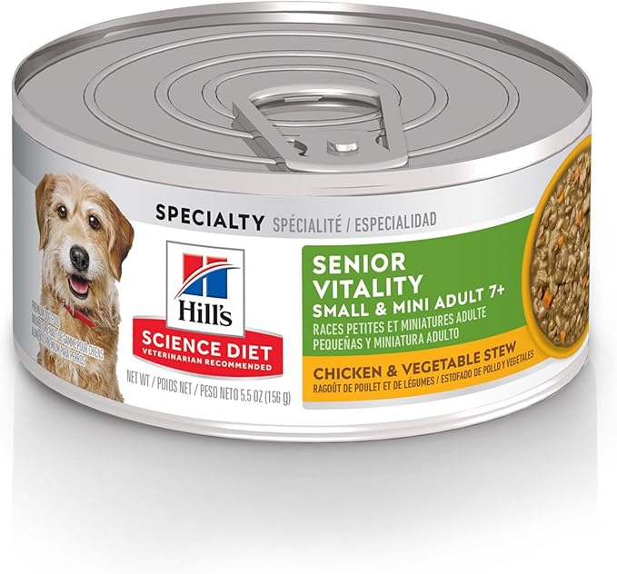 Hill's Science Diet Senior Vitality Adult 7+ Small & Mini Breeds Wet Dog Food, Salmon & Vegetable Stew, 5.5 oz. Cans, 24-Pack