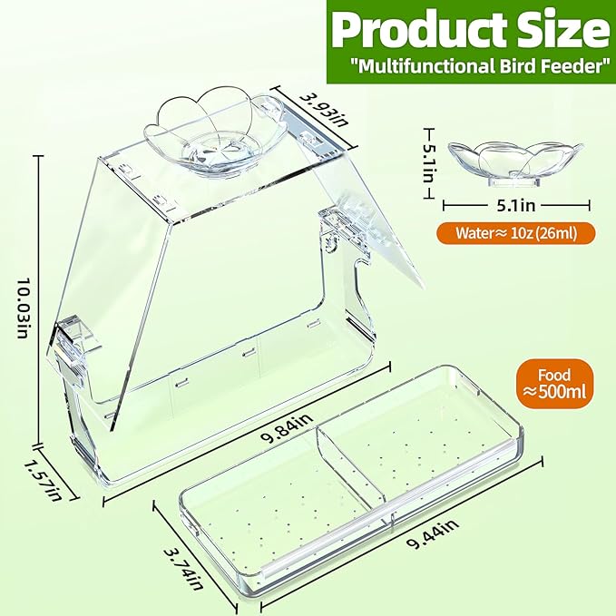 Window Bird Feeder with Non-Marking Self-Adhesive Hooks, Clear and Transparent, Outdoor Wild Bird Watching Gift, Garden Decor (with Large Window)