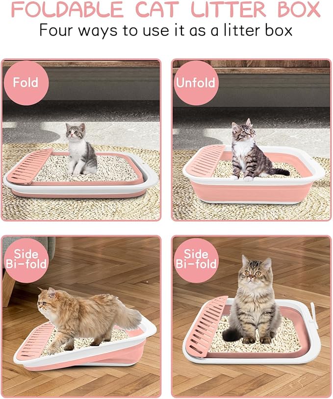 BNOSDM Foldable Small Cat Litter Box for Kittens Open Potty Pan Collapsible Cat Toilet with Scoop Senior Kitty Travel Shallow Litters Boxes Anti-Splash Waterproof for Small-Sized Cats Pink