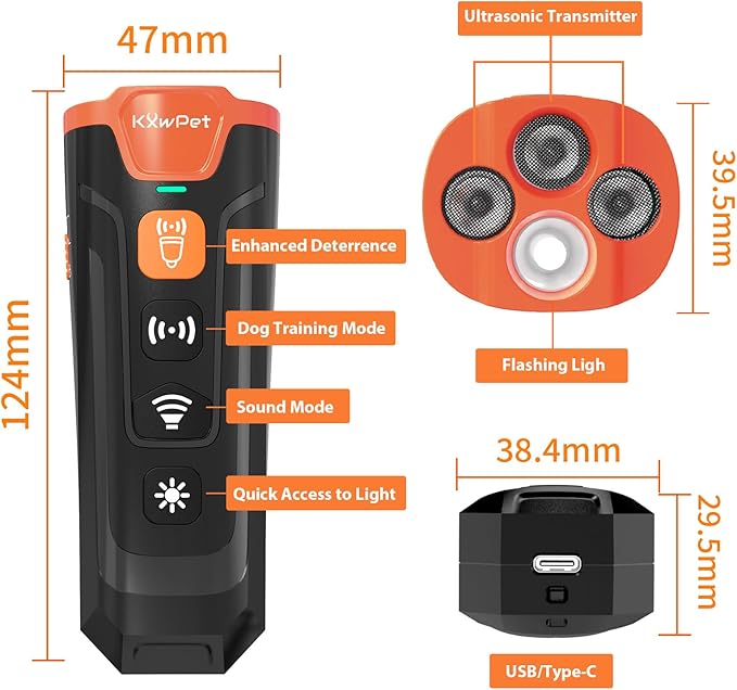 Ultrasonic Dog Bark Deterrent Device, 50 ft Range, LED Flashlight, 3 Heads, Correct Dogs Bad Behaviors Without Harm, Alternative to Dog Training Collars and Bark Collars