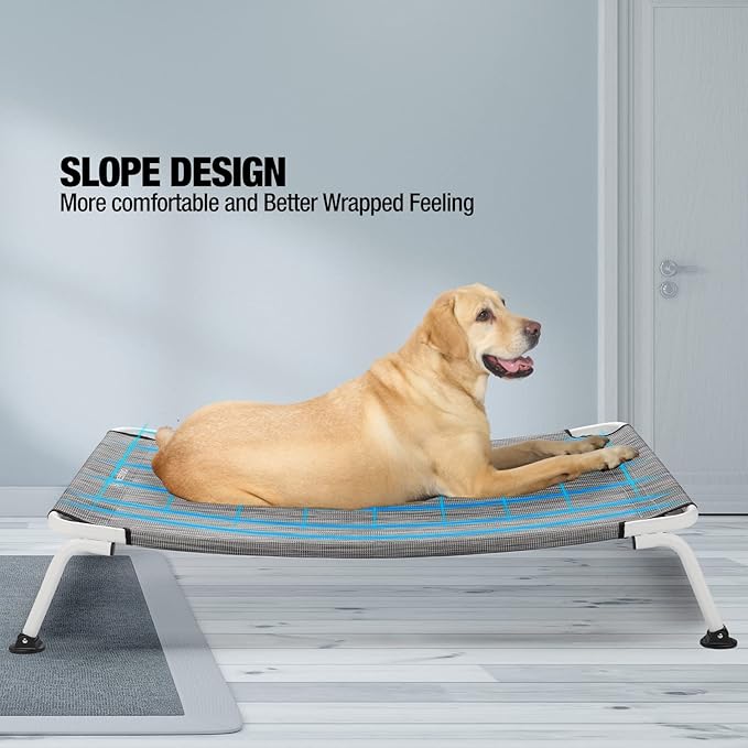 Veehoo Elevated Dog Bed for Outdoor, Cooling Waterproof Raised Dog Cots Beds for Medium Dogs, Curved Off Ground Pet Hammock Cot Lifted for Outside, up to 65lbs, White Legs, Black Silver 32"