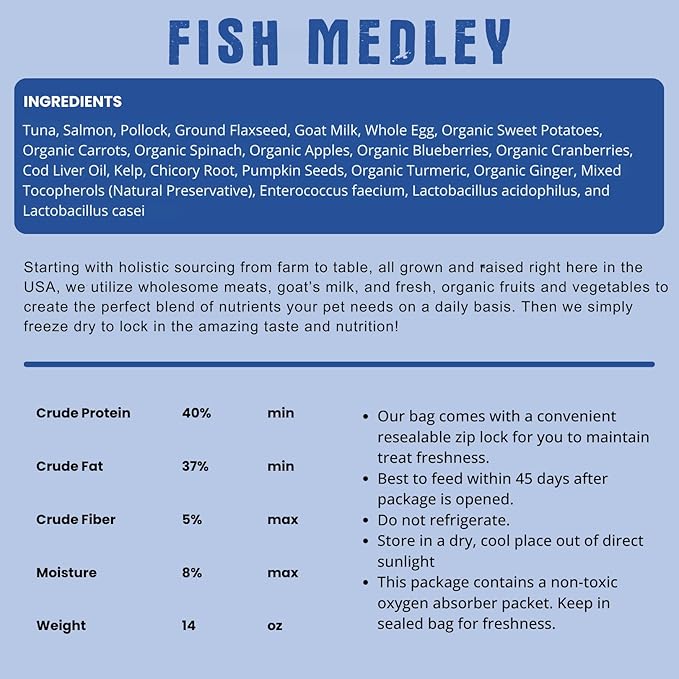 Freeze Dried Raw Dog Food, Fish Medley Recipe, All Natural, No Synthetics, Made in USA with Goat's Milk & Organic Produce, High Protein, Complete Meal (14oz)