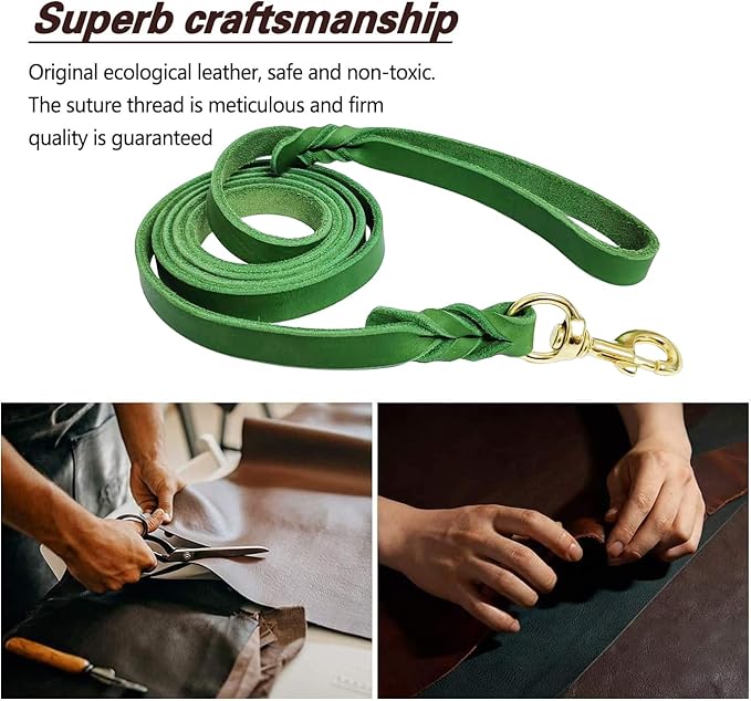 LWBMG Leather Dog Leash 6ft x 3/4 inch, Heavy Duty Dog Training Leash, Strong Sturdy Genuine Handmade Pet Leashes, Soft and Comfortable Leather Leashes for Large, Medium and Small Dogs Green