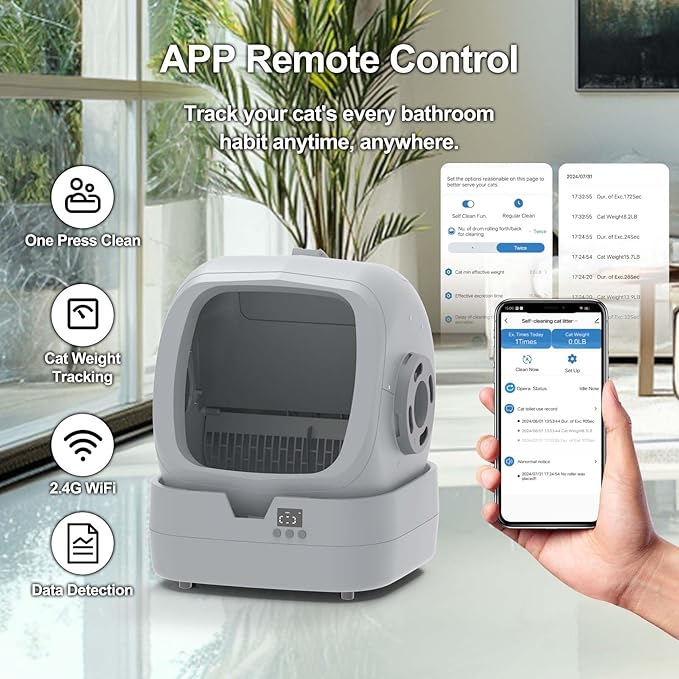 Automatic Self-Cleaning Cat Litter Box with APP-Controlled, Weight Tracking – 86L Ultra-Quiet, Smart Health Monitor, and Safe Anti-Pinch Design (Assembly Required) -Light Grey