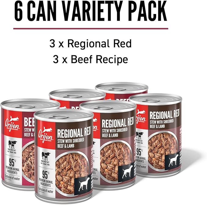 ORIJEN Real Meat Shreds Wet Dog Food Variety Pack: Regional Red + Beef Recipes 12.8oz Cans (6 Count, 3 of Each)