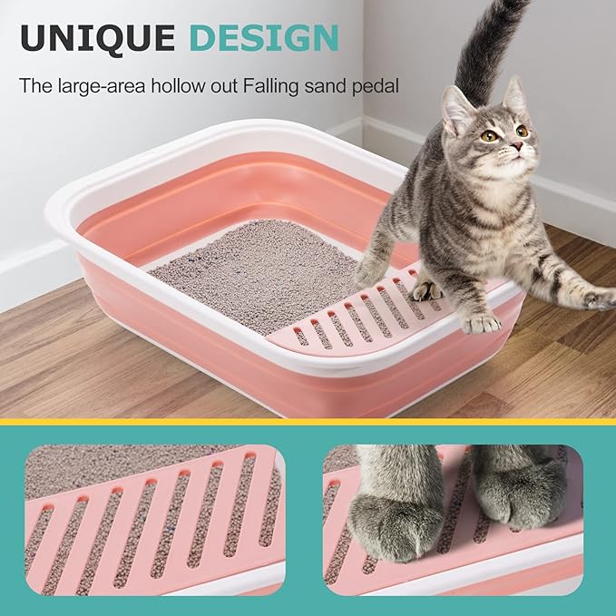 Open Top Cat Litter Box, Large Foldable Cat Potty Height-Adjustable Sides Anti-Splash, Open Air Kitty Litter Pan No Smell, Cat Toilet Easy Clean with Cat Litter Scoop (Pink)