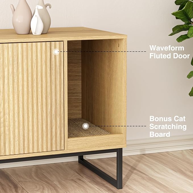 Cat Litter Box Enclosure, Fluted Hidden Litter Box Furniture with Scratch Pad and Metal Legs, Modern Enclosed Cat Cabinet, 31.5 x 17.7 x 21.7 Inches Indoor Pet House for Living Room, Washroom, Natural