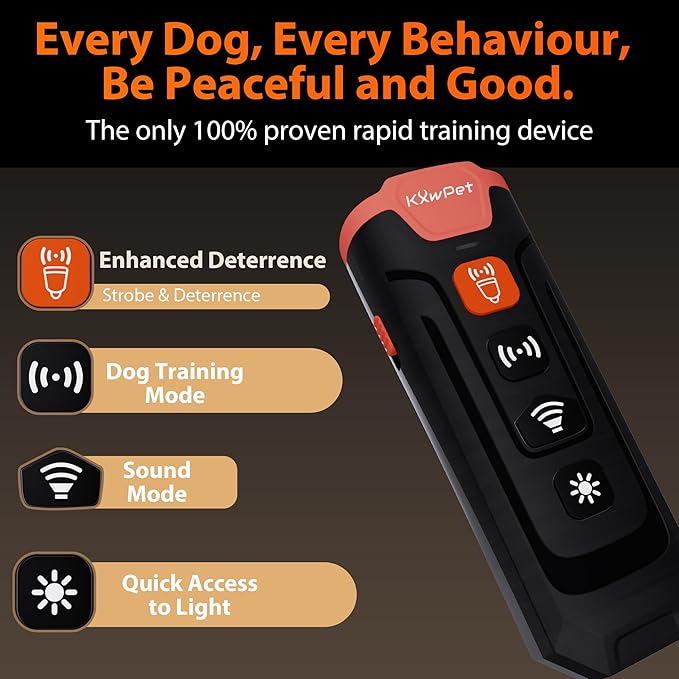 Ultrasonic Dog Bark Deterrent Device, 50 ft Range, LED Flashlight, 3 Heads, Correct Dogs Bad Behaviors Without Harm, Alternative to Dog Training Collars and Bark Collars