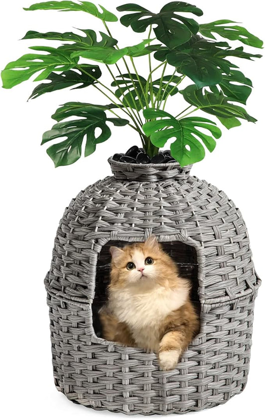 Cat Litter Box Plant Enclosure, Hidden Handwoven Rattan with Cat Litter Box Furniture and Artificial Plants, Odor Control Filter, Real Stones in Living Room, Bedroom, Corner (Gray)