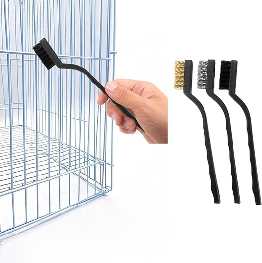 3PCS Bird Cage Cleaning Brush Set-Copper,Nylon and Stainless Steel Wire Brushes for Cleaning Parrot Cages, Kennels, and Perches,Removes Poop and Keeps Bird Cages Fresh,Essential Bird Cage Accessory