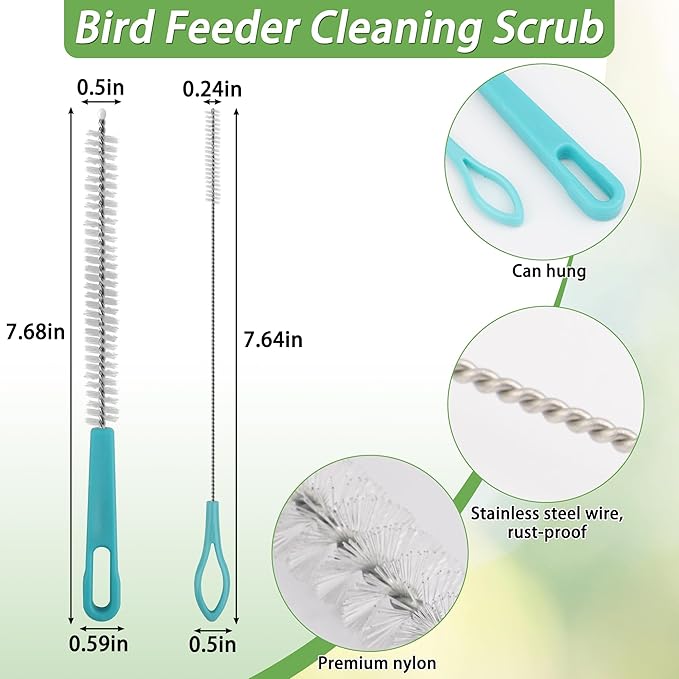 5Pcs Bird Bath Brush Kit, Larbeti 1P Hard Silk Bristle Bird Bath Cleaner Brush, 2P Hummingbird Feeder Cleaning Scrub, 1P Steel Wire Scrub, 1P Clean-Cloth to Hummingbird Feeders, Bath Feeders
