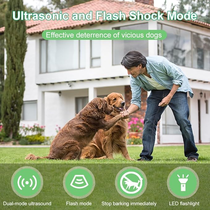 Ultrasonic Dog Bark Deterrent Device with LED Flashlight & Rechargeable Battery, 20ft Range Anti Barking Control for Indoor/Outdoor Use, Safe Alternative to Shock Collars（Portable Version）