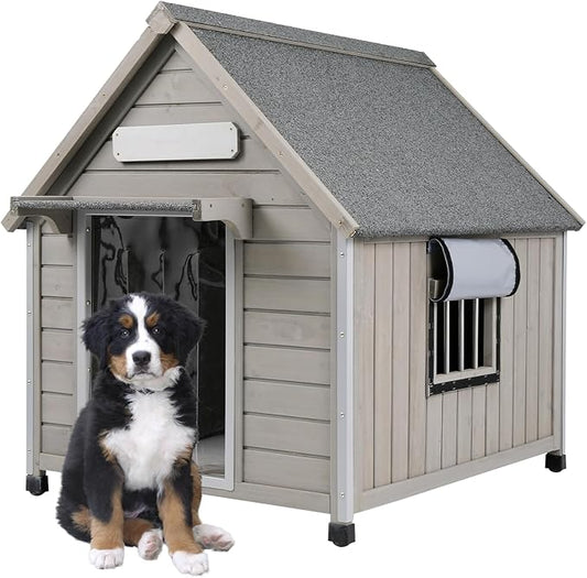 30.5" L Outdoor Dog House with Waterproof Asphalt Roof for Small to Medium Dogs,Large Wooden Indoor Dog Kennel with Anti-Chewing Metal,Oxford Cloth Window,Durable Doghouse for 1-2 Dogs
