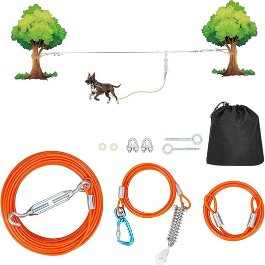 75ft Dog Runner for Yard Large Dog Heavy Duty with Double Shock Absorbers Tangle-Free Aerial Trolley System for Large Dogs Up to 250lbs (Orange)
