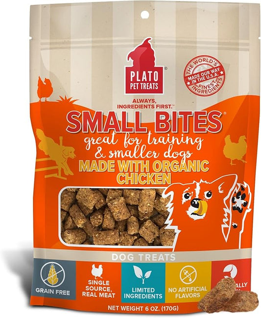 PLATO Small Bites Natural Training Dog Treats - Real Meat - Grain Free - Made in the USA - Organic Chicken Flavor, 6 ounces