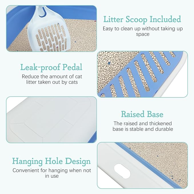 Fhiny Cat Litter Box Portable Shallow Litter Box 17.7"x13.4"x4.9" Foldable Cat Toilet with Scoop Open Kitty Potty Pan with Litter Drop Pedal Easy to Clean Travel Kitten Toilet(Blue)