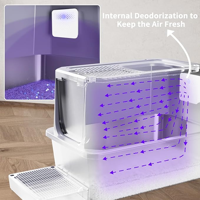 RIZZARI Stainless Steel Cat Litter Box, Odorless Enclosed Litter Box with Top Holes, Large Litter Pan for Small to Large Sized Cats (Cool Gray, 23.8" L*15.9" W*18" H)