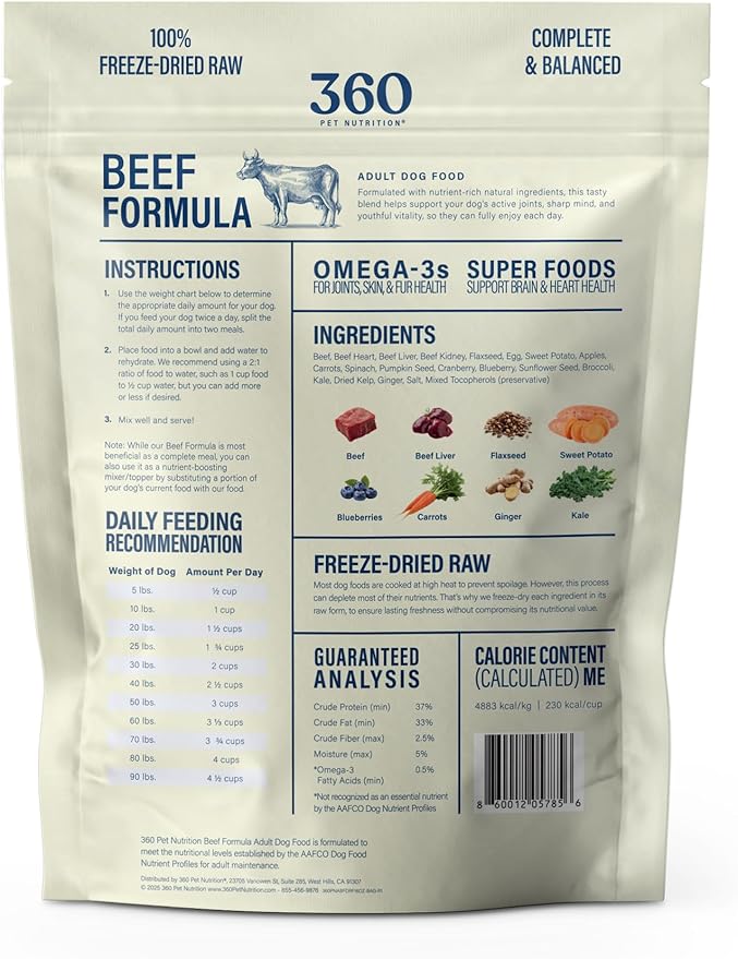 360 Pet Nutrition Raw Freeze-Dried Dog Food, High Protein, Balanced Meal, Chicken, Liver, Heart, Fruit, Veggies, Superfoods, No Fillers (1 Pound (Pack of 1), Beef)