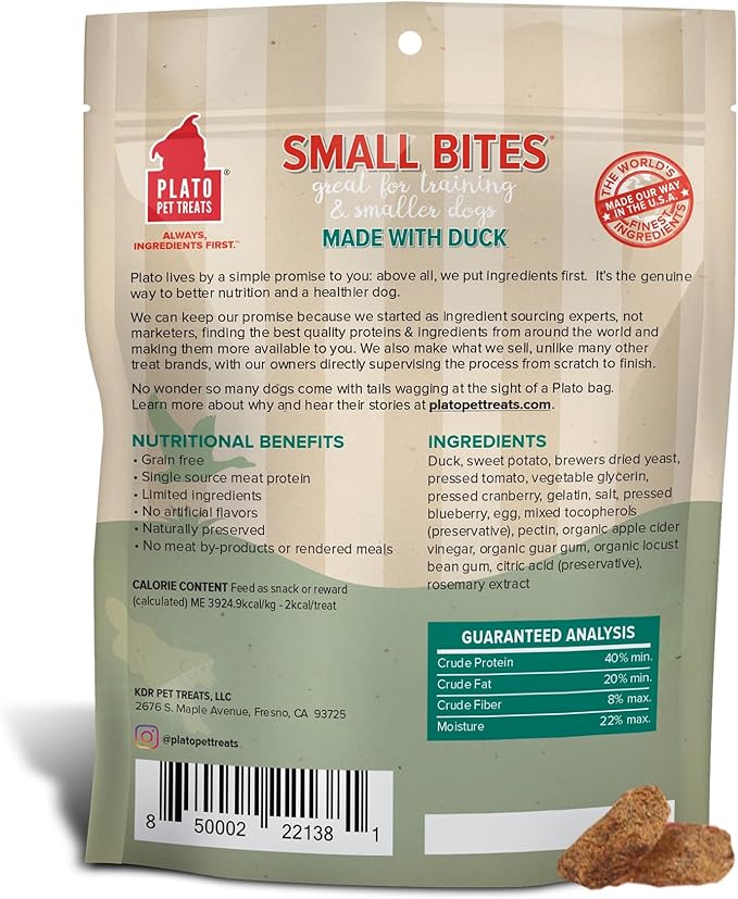 Plato Pet Treats Air Dried Small Bites Dog Treats, Natural Bite Sized Real Meat & Duck, Grain Free & High Protein, Made in the USA, 6oz