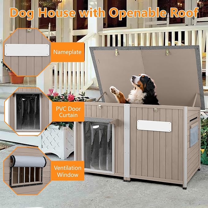 55" L Extra Large Outdoor Dog House Weatherproof with Anti-Chewing Frame, Waterproof Outside Dog Kennel Doghouse Shelter with Removable Floor, Open Roof, 10 Support Feet