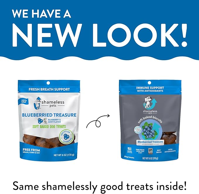 Shameless Pets Soft-Baked Dog Treats, Blueberried Treasure - Natural & Healthy Dog Chews with Mint for Immune Support - Baked & Made in USA, Free from Grain, Corn & Soy - 3-Pack