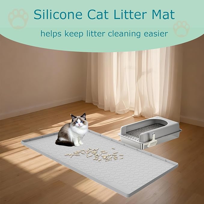 Cat Litter Mat for Litter Box, Silicone Large Cat Litter Trapping Mat - 31x22 in, Waterproof & Non-Slip, Durable & Easy Clean, Light Gray