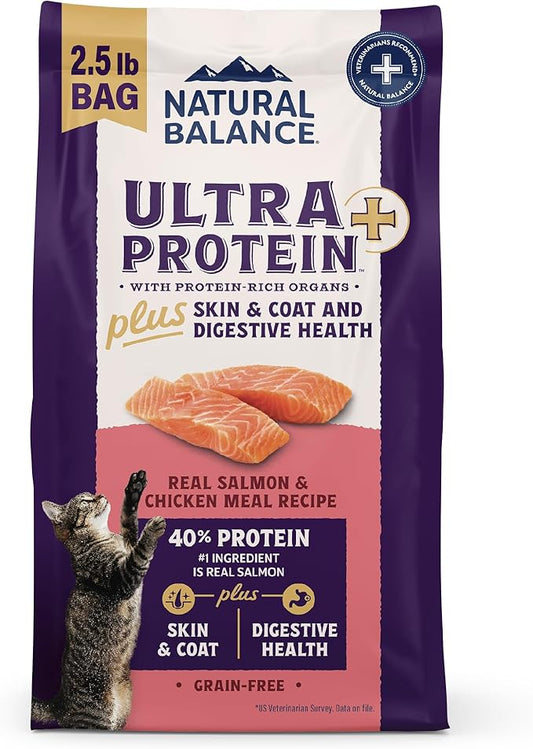 Natural Balance Ultra Protein Plus Dry Cat Food, Skin & Coat and Digestive Health Real Salmon & Chicken Meal Recipe with Chicken Liver & Chicken Heart, High Protein Cat Food for Picky Cats - 2.5 lbs