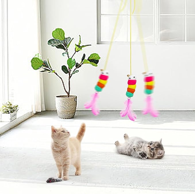 8 Pcs Interactive Cat Feather Teaser Toys with Bells,Retractable Hanging Design,Self-Play Fun for Kittens and Cats,Fun Exercise,Mental Physical Stimulation,Stress Relief for All Breeds
