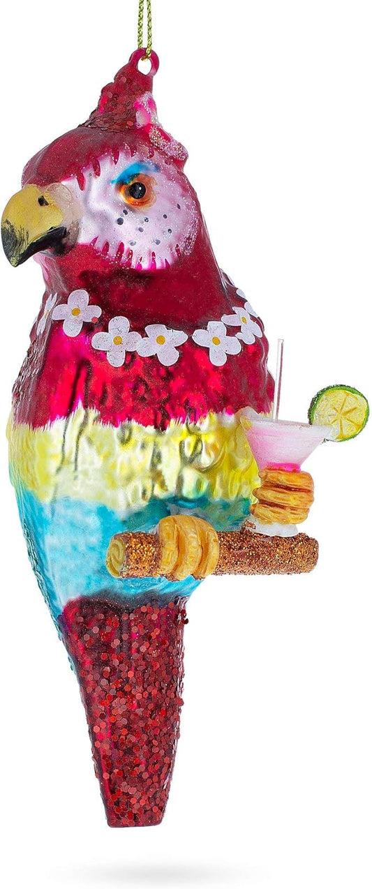 Vibrant Parrot with Drink Blown Glass Christmas Ornament