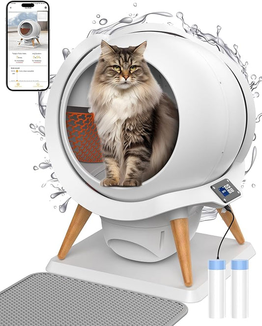 HoneyGuaridan Self Cleaning Cat Litter Box,IPX5 Waterproof Automatic Cat Litter Box,App Control, Odourless, Integrated Safety Protection, Water Rinsable and Easy to Clean, for Multiple Cats (3-33lb)