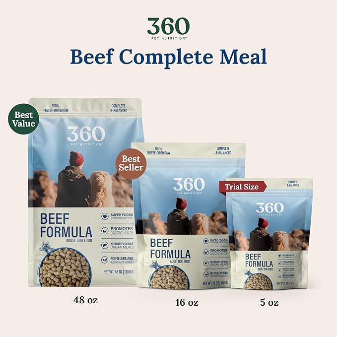 360 Pet Nutrition Raw Freeze-Dried Dog Food, High Protein, Balanced Meal, Chicken, Liver, Heart, Fruit, Veggies, Superfoods, No Fillers (3 Pound (Pack of 1), Beef)