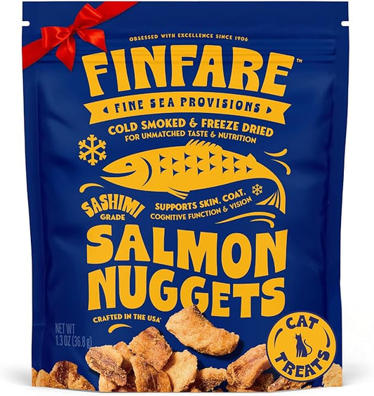 Finfare Freeze Dried Salmon Nuggets, Grain Free Salmon Cat Treats, High Protein & Omega-3s to Support Skin, Coat & Wellness, Crafted in USA, 1.3oz