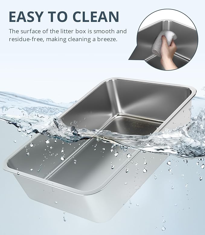 Stainless Steel Cat Litter Box, 4in Shallow Litter Box for Senior Cats and Kittens, Large Metal Litter Pan Nonstick Odor Control Anti-Corrosion