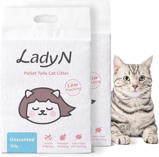 Lady N Pellet Tofu Cat Litter, Strong Clumping Ultra Absorbent, Dust-Free Low Tracking, Enviro-probiotic and Activated Carbon for Odor Control 18lb (2 Packs Unscented)