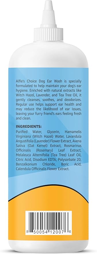 ALFIE'S CHOICE Dog Ear Wash Cleaner – Soothes Itchy Ears, Removes Wax & Odor – with Tea Tree Oil, Lavender & Witch Hazel – Gentle Ear Wash for Dogs & Cats 16 fl oz