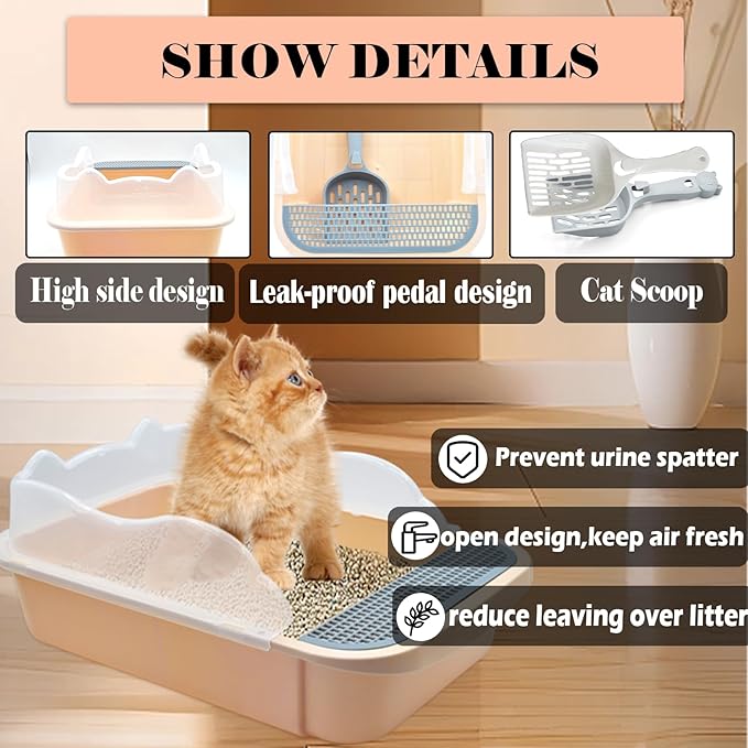 kathson Open Cat Litter Box with High Side,Anti-Splashing Cats Litter Pan Semi-Enclosed Removable Cats Litter Boxes with Litter Sifting Scoop Open Top Kitty Toilet for Easy to Clean(Khaki)