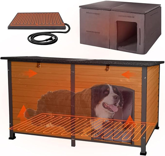 59" Extra Large Outdoor Dog House with Insulated Liner,Dog Kennel with All-Around Iron Frame,Weatherproof Dog Shelter for Small to Large Sizes Dog Kennel (Brown, LH)