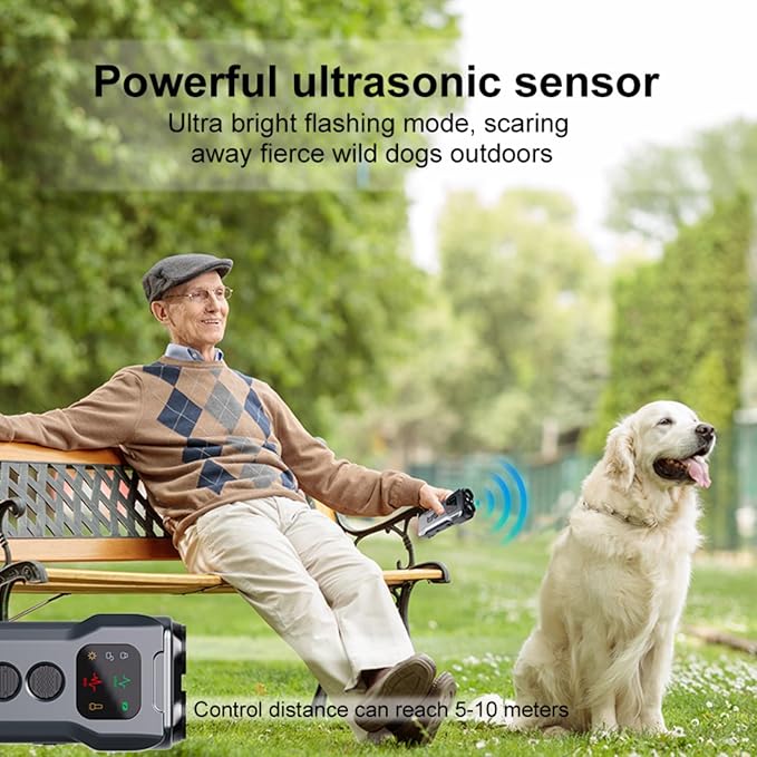 Ultrasonic Dog Bark Deterrent Device with LED Flashlight & Rechargeable Battery, 20ft Range Anti Barking Control for Indoor/Outdoor Use, Safe Alternative to Shock Collars（Portable Version）