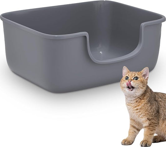 Large Cat Litter Box with High Sides, Open Kitty Litter Boxes Anti-Splashing for Indoor Cat Low Entry Cat Litter Pan for Small and Elderly Cats, Tool-Free Assembly(19.7” * 15.76” * 8.67” Grey)