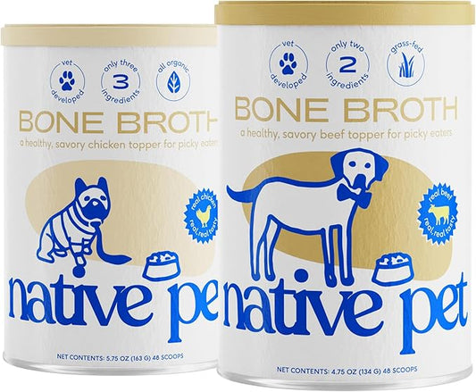Native Pet, Dogs & Cat Broth Bundle | Chicken & Beef Flavored | Dog Food Topper for Picky Eater | Dog Gravy & Dog Bone Broth Powder